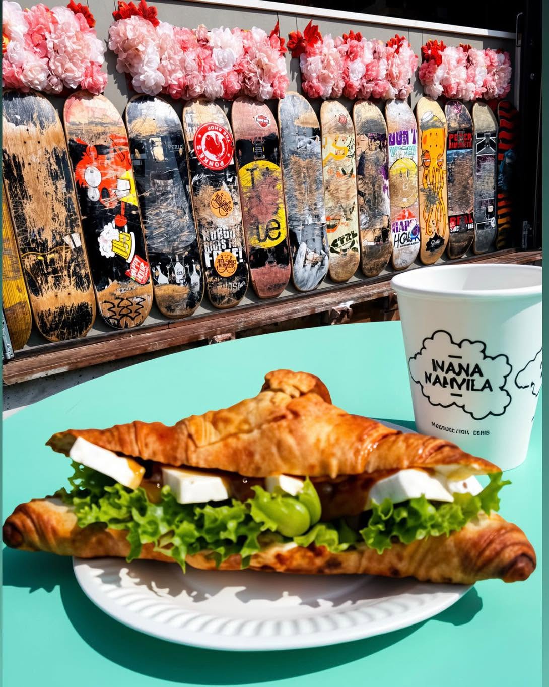 Täytetty croissant ja Ihana Kahvilan kahvikuppi kesäpöydässä